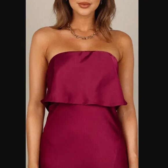 Petal & Pup Vienna Strapless Berry Satin Ruffle Side Slit Midi Dress L - Picture 11 of 15